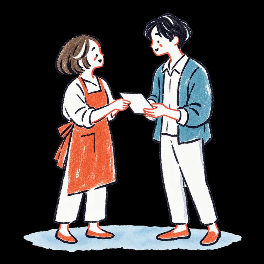 担当者が紙の提案書を店主に渡し、店主がほっとしているイラスト