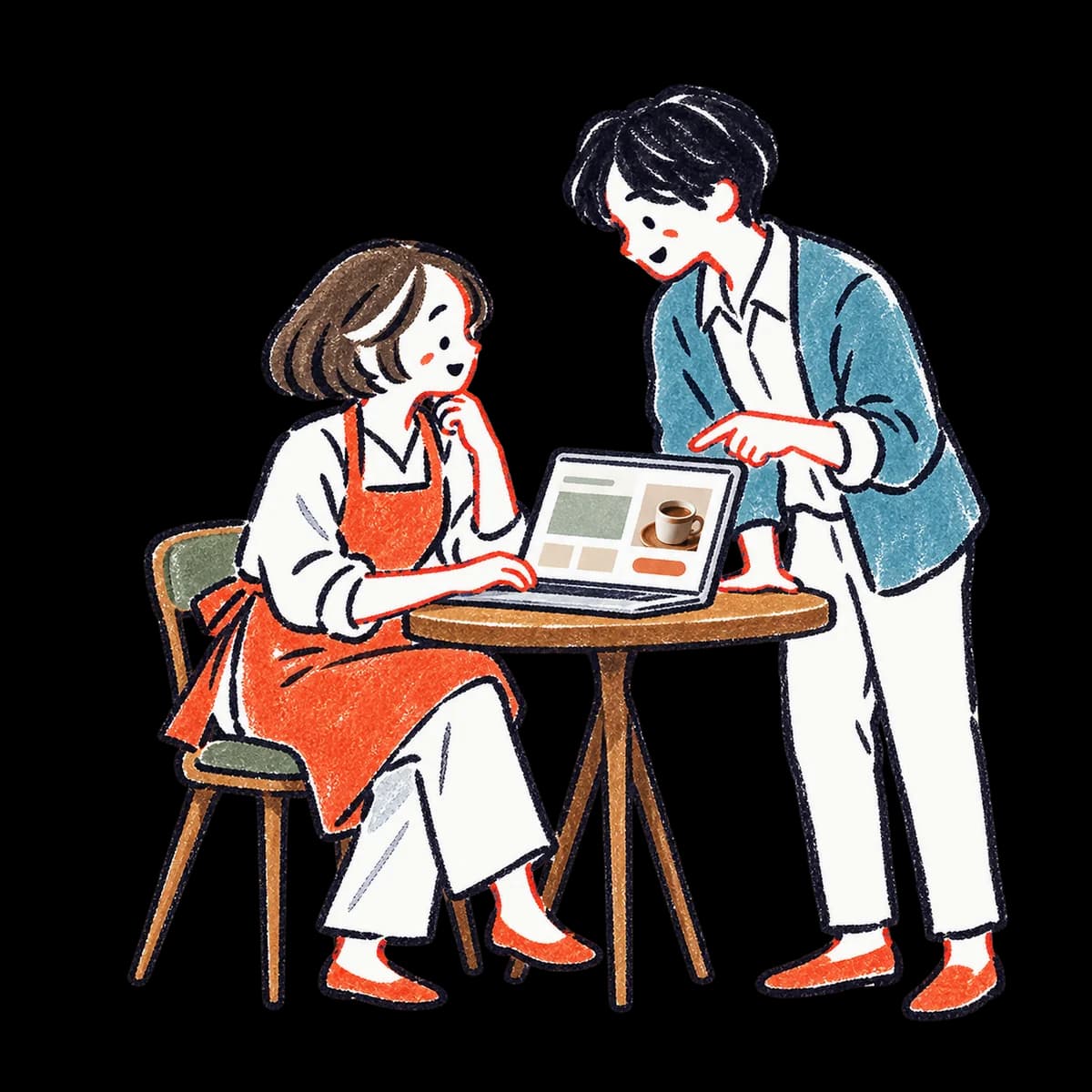 店主と担当者がノートパソコンで、作り直したホームページを一緒に見ている水彩のイラスト