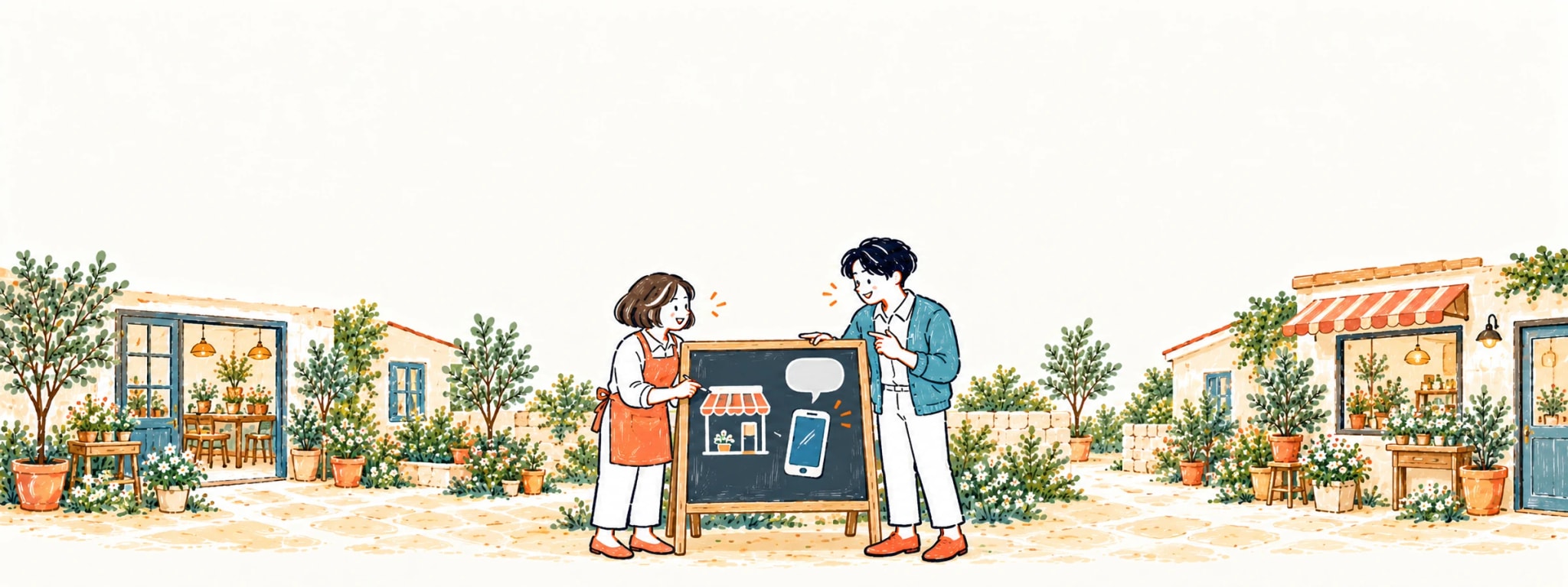店主と担当者がお店の前で話している水彩のイラスト