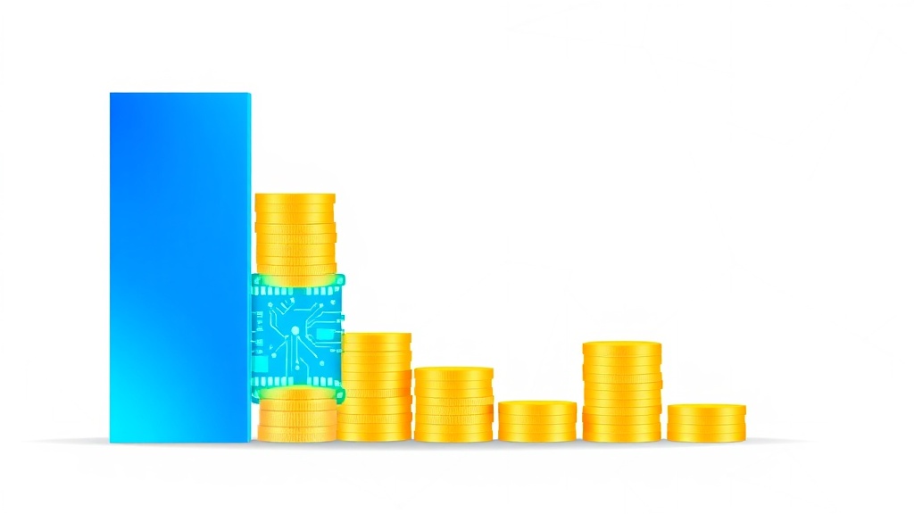 AIクリエイティブ最適化による広告費削減を表現した下降グラフと金貨の減少イラスト