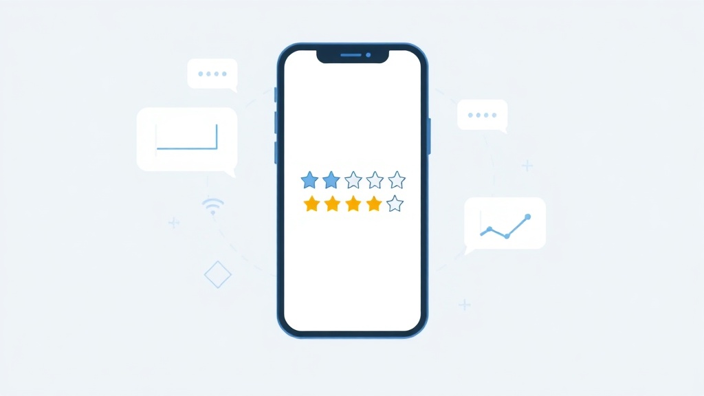 スマートフォンに表示された星評価とチャート、口コミ管理によるMEO効果向上を示すイラスト