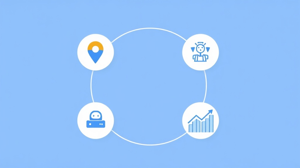 MEO口コミ返信の運用フロー図:地図ピン、管理者、AI処理、成長グラフの4段階を円状に配置した効果最大化プロセス