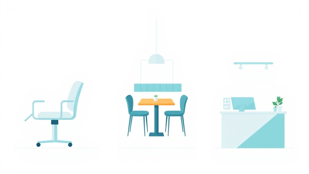 AI予約管理システムが活用される美容院、レストラン、医療クリニックの3つのビジネス環境を表すイラスト