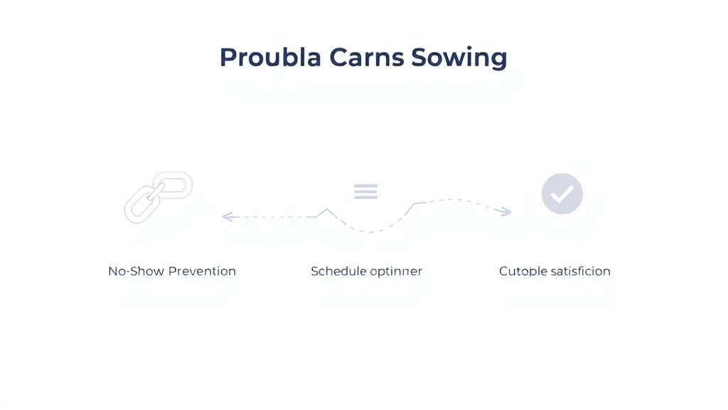 AI予約管理システムで解決できる3つの課題を示すインフォグラフィック:ノーショー防止、スケジュール最適化、顧客満足度向上