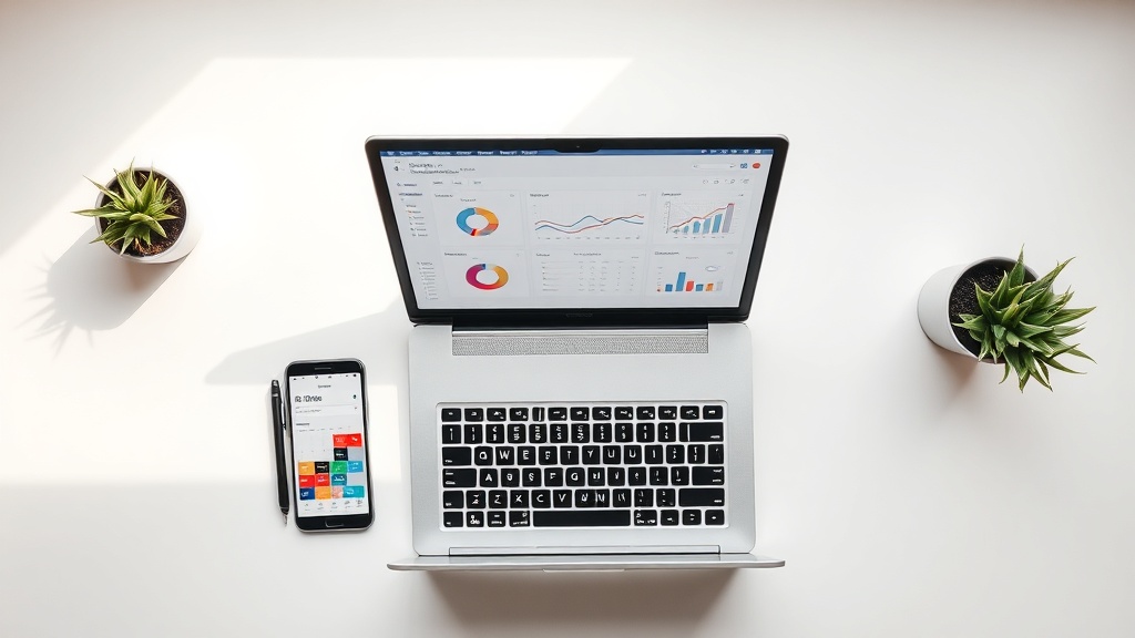 AI予約管理システムの比較検討イメージ - ノートパソコンでダッシュボードを表示し、スマートフォンでカレンダー予約画面を確認している様子