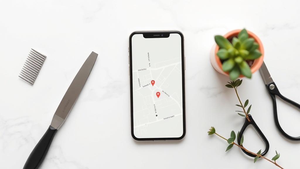 地図アプリを表示するスマートフォンと美容室の道具(コーム、ハサミ)が配置された白いテーブル