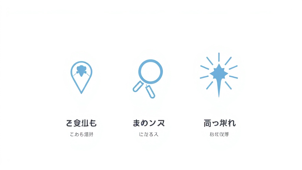 Googleマップ順位決定要素の図解:近接性(位置情報アイコン)、関連性(検索アイコン)、知名度(星アイコン)