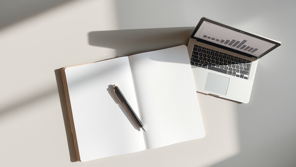 ノートパソコンに表示されたチャートとノート、ペンが配置された白いデスクの俯瞰画像