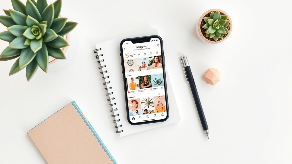 Instagramフィードを表示するスマートフォンとノート、観葉植物が配置されたクリエイティブなワークスペース