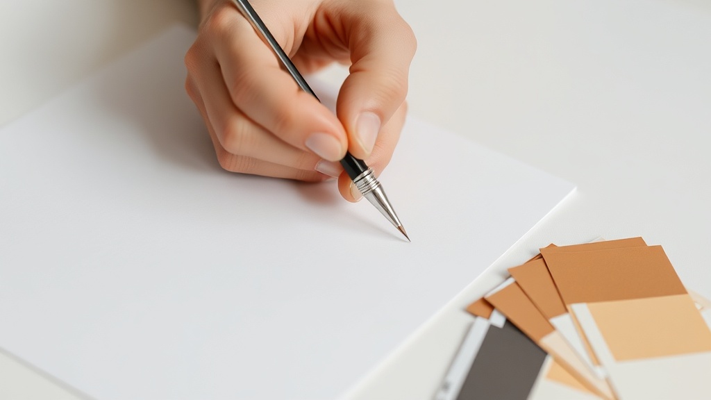 ペンを持つ手と白紙、カラーサンプルが配置された創作準備の様子を表現した画像