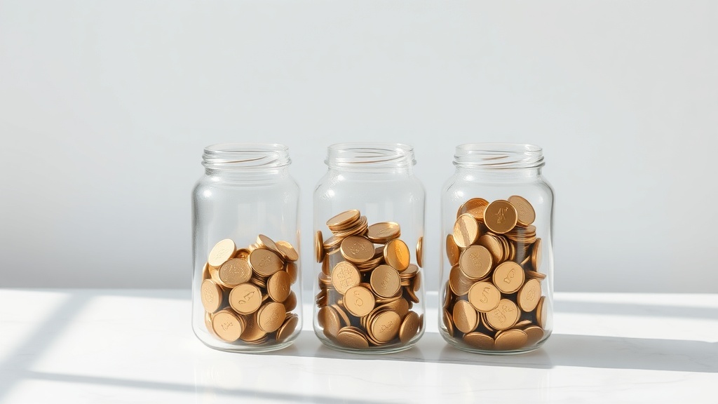 料金プランの段階的な価格差を表現する3つのコイン入りガラス瓶の比較画像