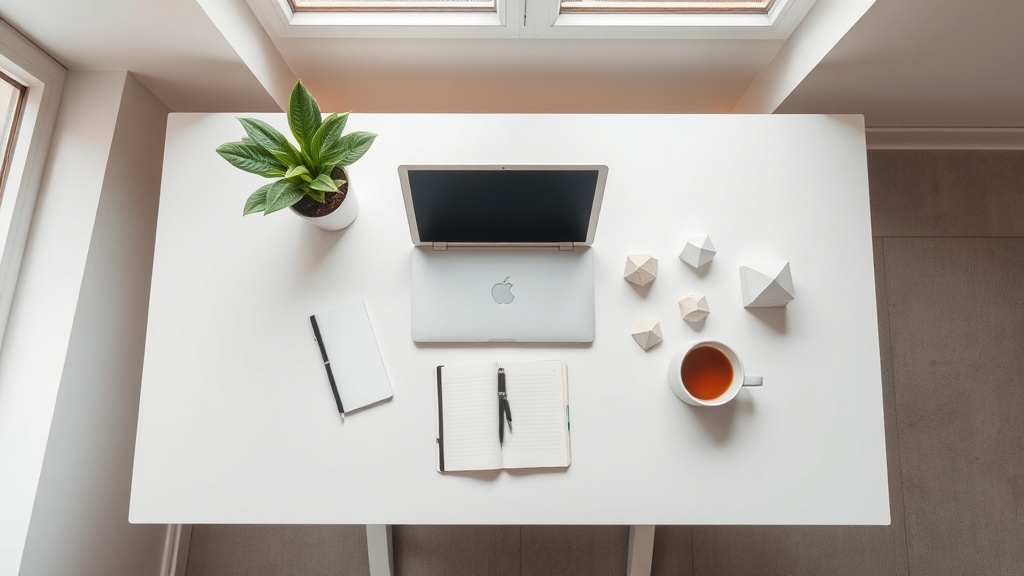 整理されたモダンなオフィスデスクの俯瞰図。ノートパソコン、観葉植物、ノート、コーヒーカップが配置された清潔なワークスペース