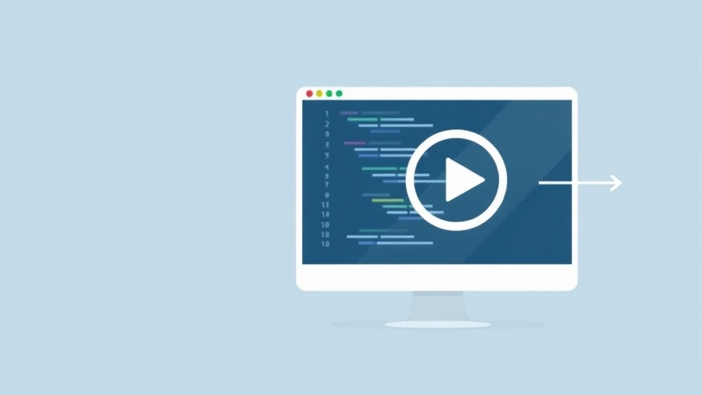コードエディターの画面と実行ボタンが表示されたコンピューター画面のイラスト-VBAマクロ生成と実行を表現