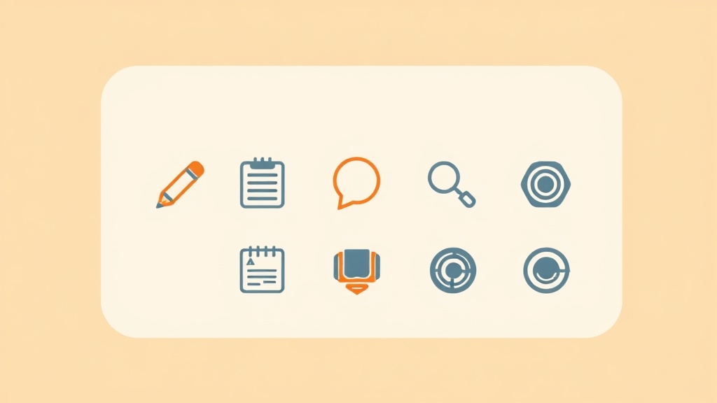 プロンプト作成のコツを表現する鉛筆、メモ、吹き出し、虫眼鏡などの9つのアイコンセット