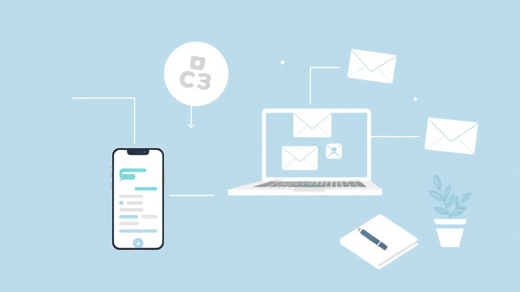 スマートフォンとノートパソコンを中心とした、メール自動化とデジタルコミュニケーションを表現したビジネス向けイラスト