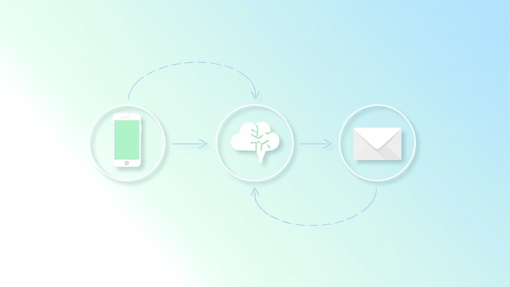 スマートフォン、AIクラウド、メールアイコンが矢印で連携する流れを示すChatGPT×LINE×メール連携の全体像図