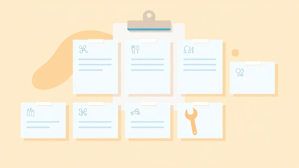 業種別メール・LINE返信テンプレート作成のイメージ図。美容院、飲食店、修理業などの業種アイコンが描かれたテンプレートカード