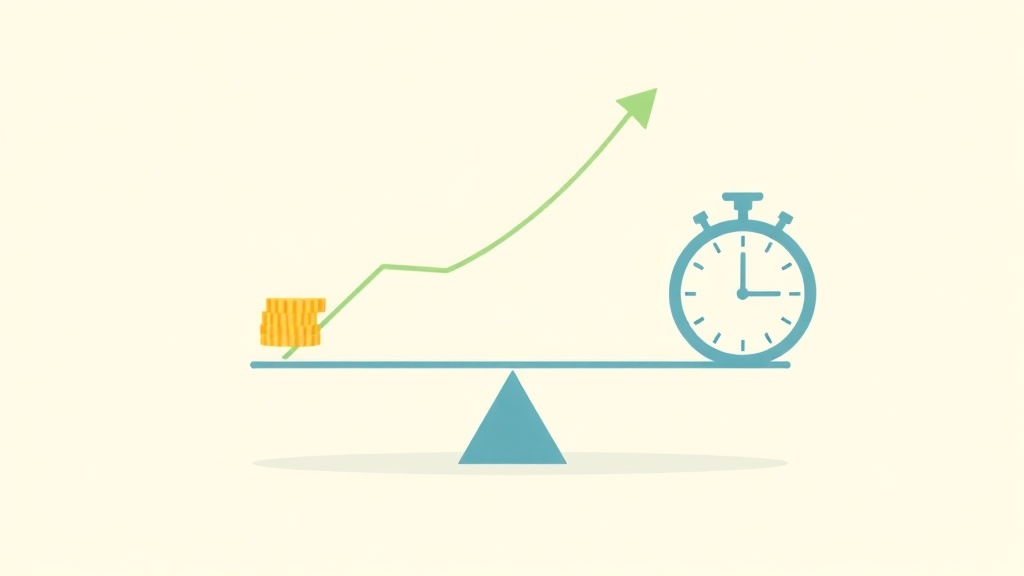 導入コストと時間削減効果のバランスを表す天秤のイラスト。コインとストップウォッチが天秤にのり、右上に成長を示す矢印