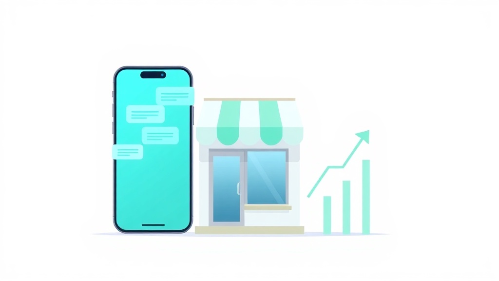 スマートフォンのチャット画面と店舗とグラフが連携するローカルビジネスのデジタル集客イメージ