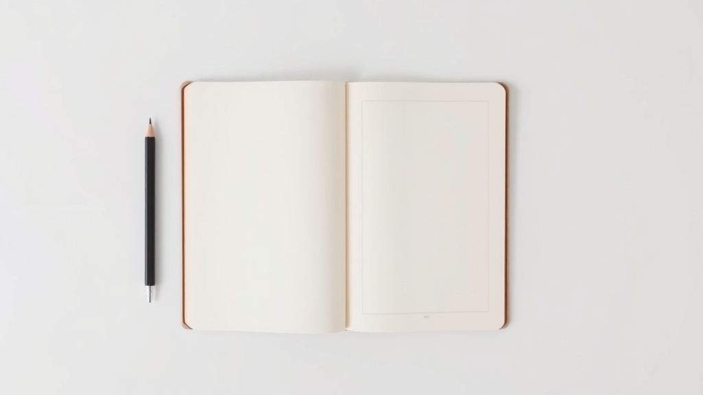 開いた白いノートと鉛筆が置かれたシンプルなデスク上の俯瞰画像