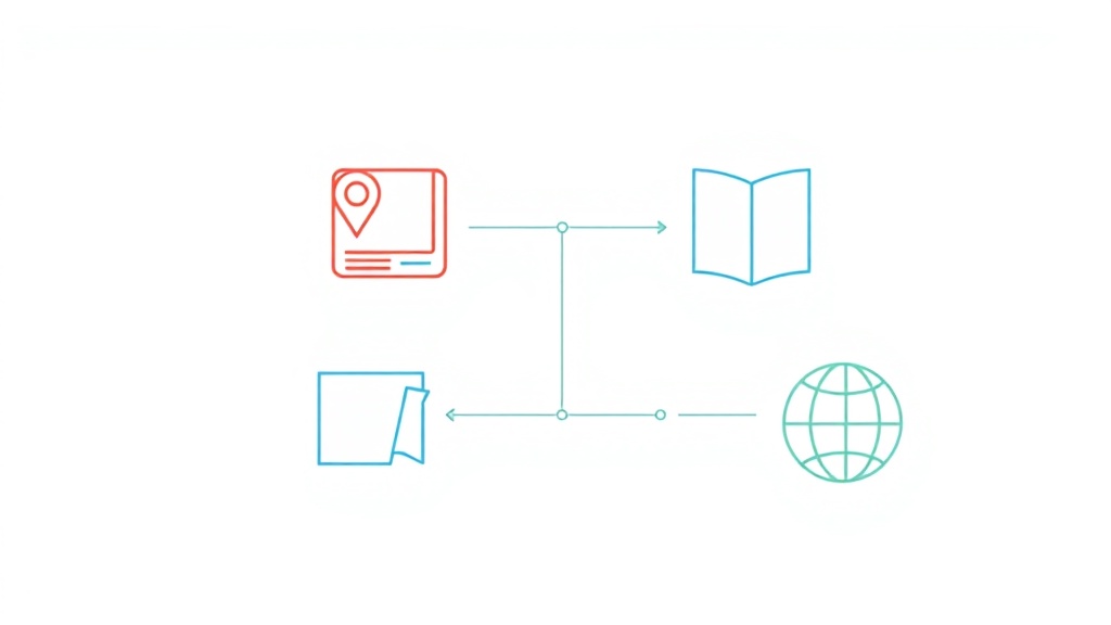 ローカルビジネス集客を表すアイコン図:地図ピン、パンフレット、ウェブサイト、SNSを線で繋いだミニマルデザイン