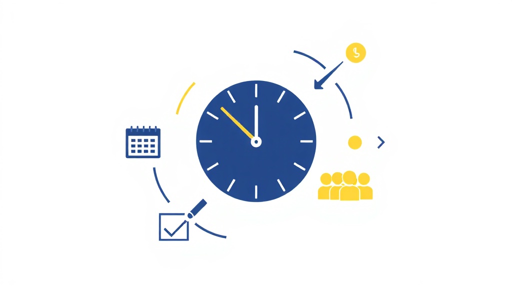 時計を中心に配置されたワークフロー矢印と、カレンダー、チェックリスト、チームアイコンで業務効率化を表現したイラスト