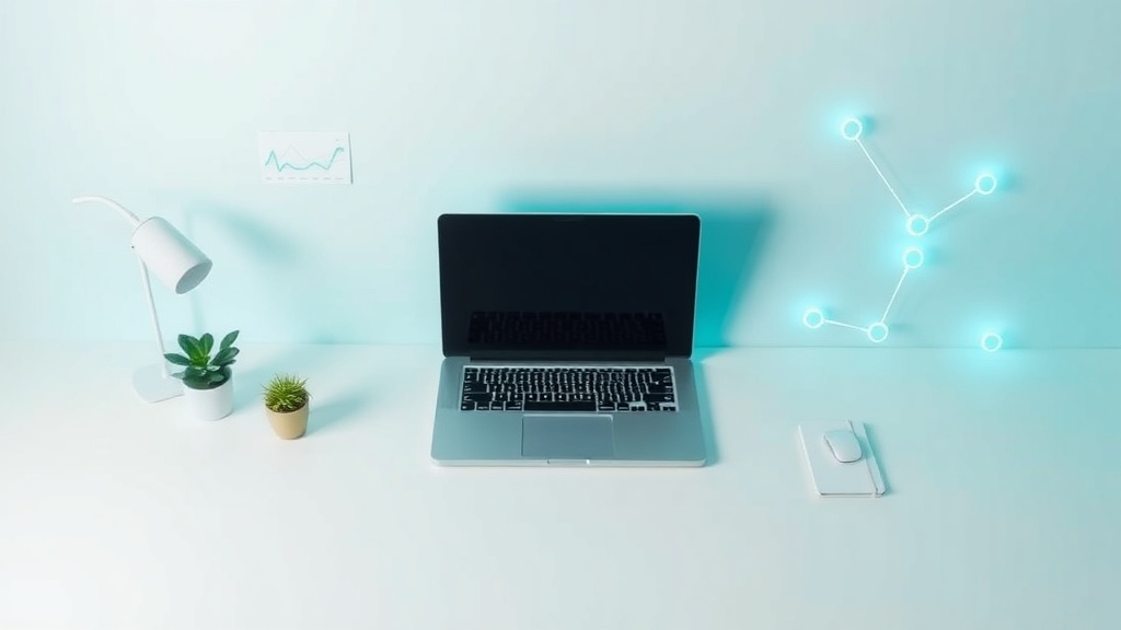 Claude AIの概要を表現するモダンなデスクトップとノートPC、デジタル接続を示すネットワーク図