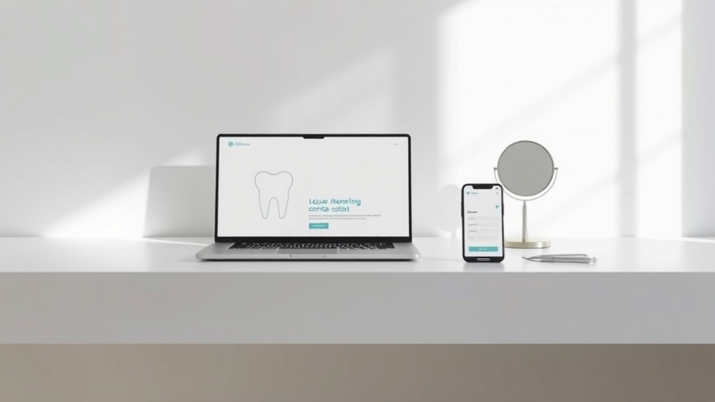 歯科医院のウェブサイトが表示されたノートパソコンとスマートフォン、歯科用ミラーが配置された清潔な受付デスク