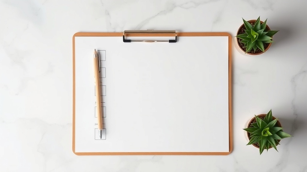 歯科ホームページ改善チェックリスト用の白いクリップボードと鉛筆、観葉植物が配置された整理されたデスクトップ