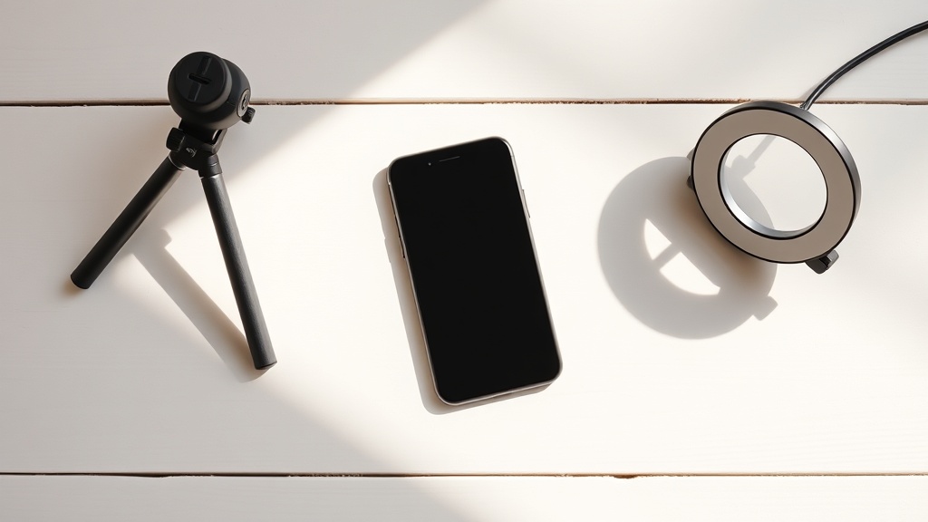 白い木製テーブルに置かれたスマートフォンと三脚、LEDリングライトの撮影機材一式