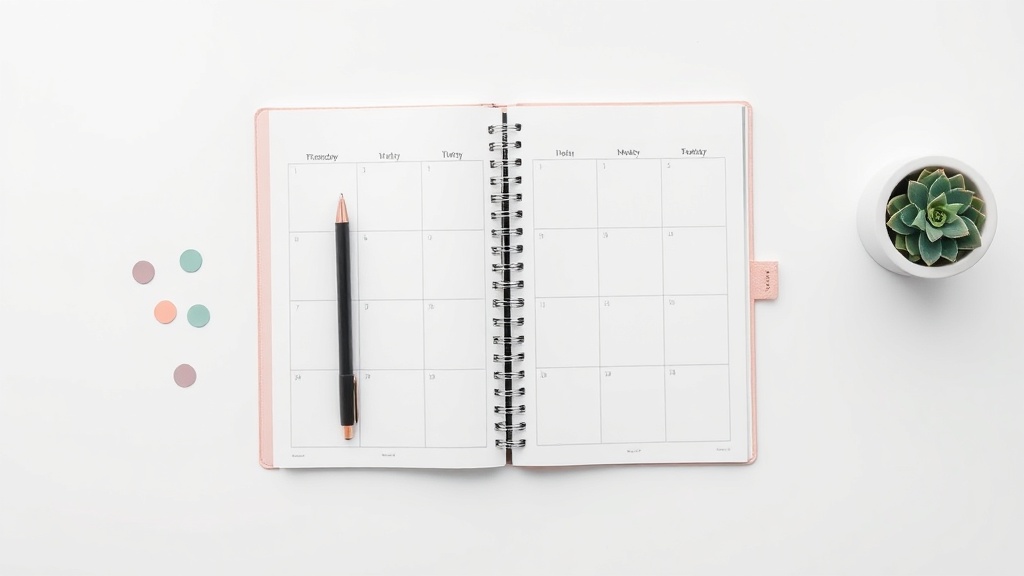 週間プランナーとペンが置かれた机上写真、GBP投稿スケジュール管理のイメージ