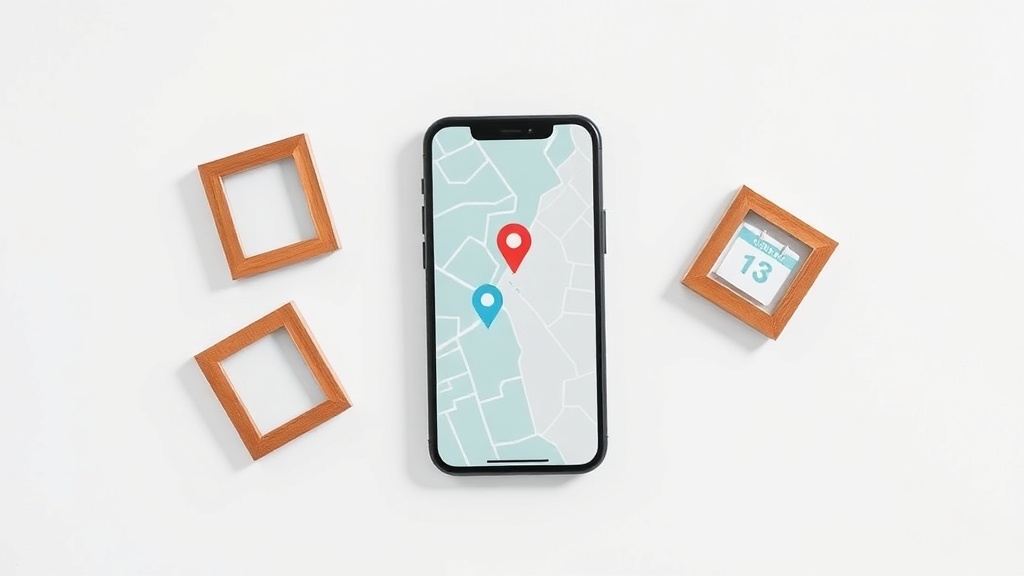 地図アプリを表示したスマートフォンと小さなフォトフレーム、カレンダーが白背景に配置されたミニマルな構成