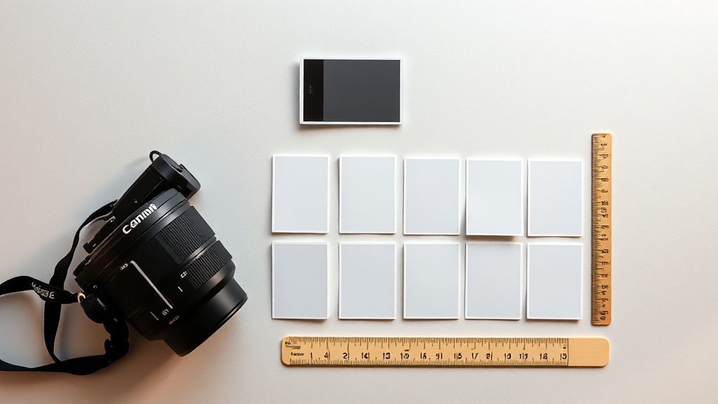 カメラと定規、整理された写真カードの配置でGoogleビジネスプロフィール写真の最適化仕様を表現