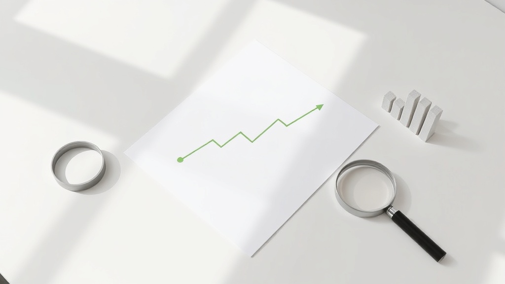 上昇トレンドを示すグラフと虫眼鏡が置かれた白いデスクで効果測定とKPI分析を表現した画像