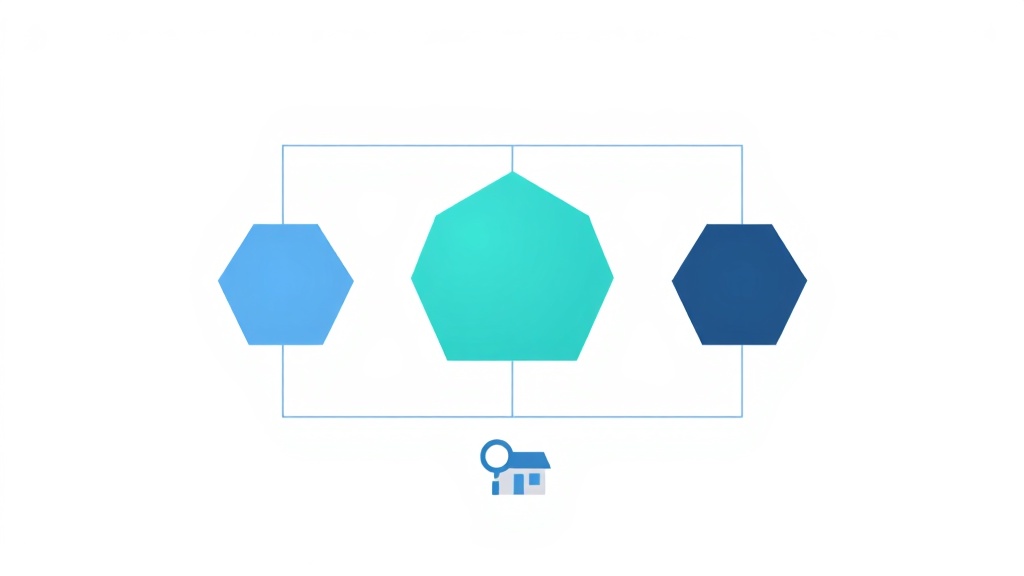 Google広告のキーワードマッチタイプを表す3つの六角形と検索・店舗アイコンの図解