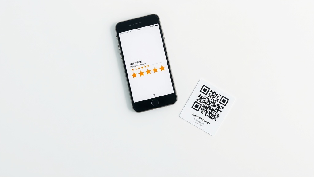 スマートフォンの5つ星評価画面とQRコードカードが並んだ画像