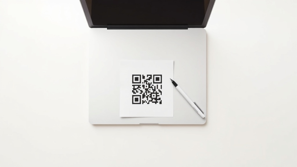 QRコード作成の作業風景を表現した白い机の上のノートパソコンと印刷されたQRコード用紙とペン