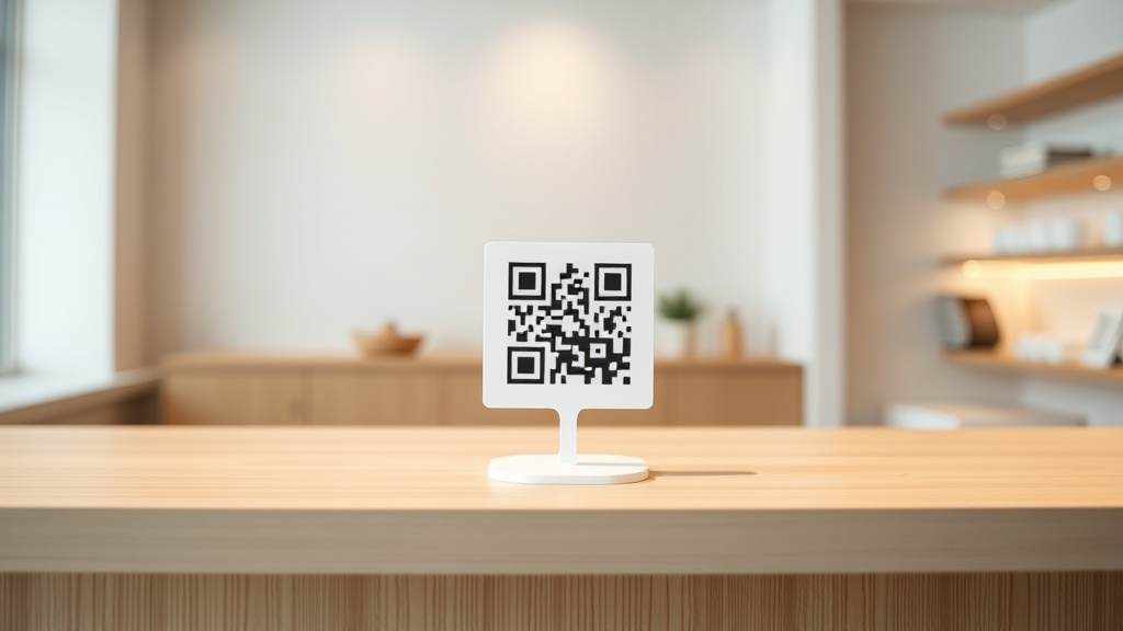 カフェのカウンターに設置されたQRコード付きの白いスタンド。設置場所とデザインの最適化例