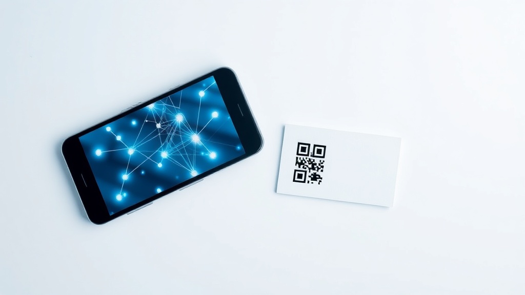 スマートフォンの画面に表示されたデジタルネットワークとQRコード付きの名刺