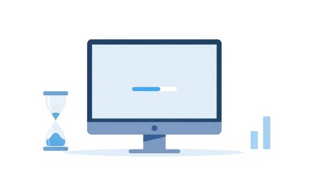 読み込み中のデスクトップモニター、砂時計、下降するグラフが並ぶイラスト。中小企業のホームページの遅さによる損失を表現