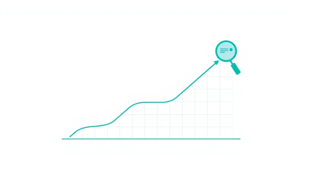 虫眼鏡で分析する上昇トレンドグラフ - SEO改善効果の継続的なモニタリングを表現