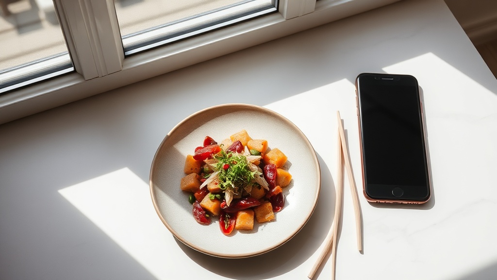 飲食店のSNS集客を表現した画像:美しく盛り付けられた料理とスマートフォンが並んだテーブル