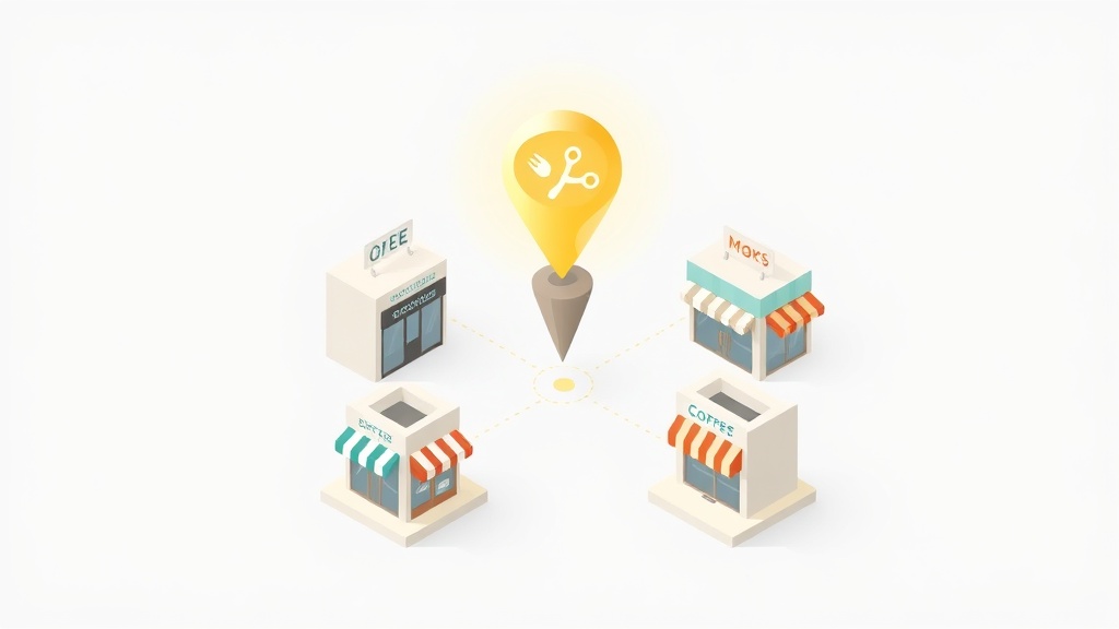 Instagram×MEO連携の業種別活用事例を表現したイラスト。中央の位置情報ピンを囲む4つの異なる業種店舗