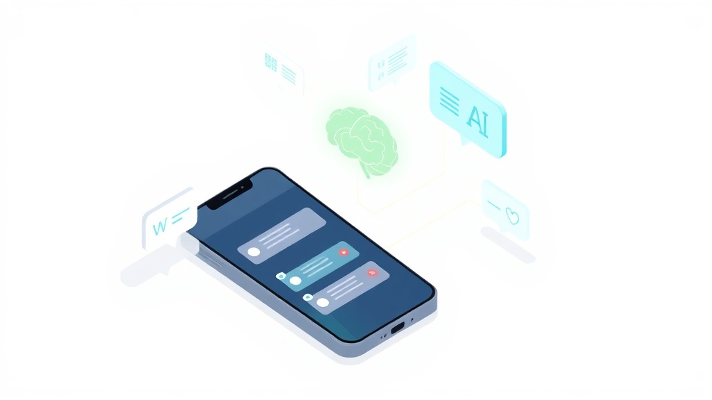 LINE公式アカウントのAI自動返信機能を表現したイラスト。スマートフォンとAIの脳のアイコンが繋がっている図