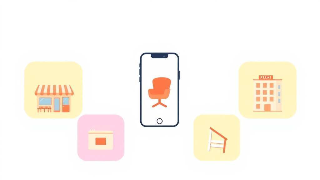 AI自動返信を活用する5つの業種を表現したイラスト。スマートフォンを中心に店舗、医療、Eコマース、美容、不動産のアイコンを配置