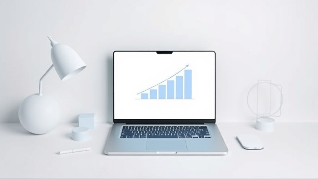 ノートパソコンに上昇トレンドのグラフが表示された白いデスク上の様子