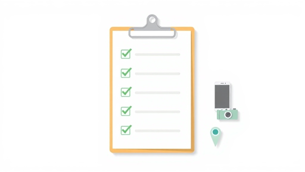 GBP基本情報の最適化チェックリスト完了イメージ、チェックマーク付きクリップボードとカメラ・位置情報アイコン