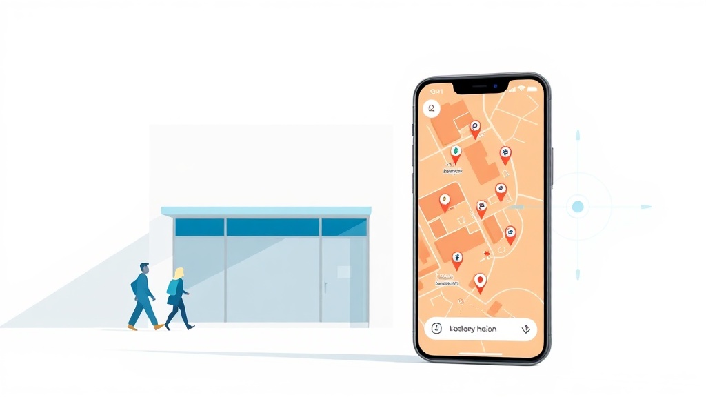 スマートフォンに地図アプリを表示し、クリニック建物と歩く人々のイラスト