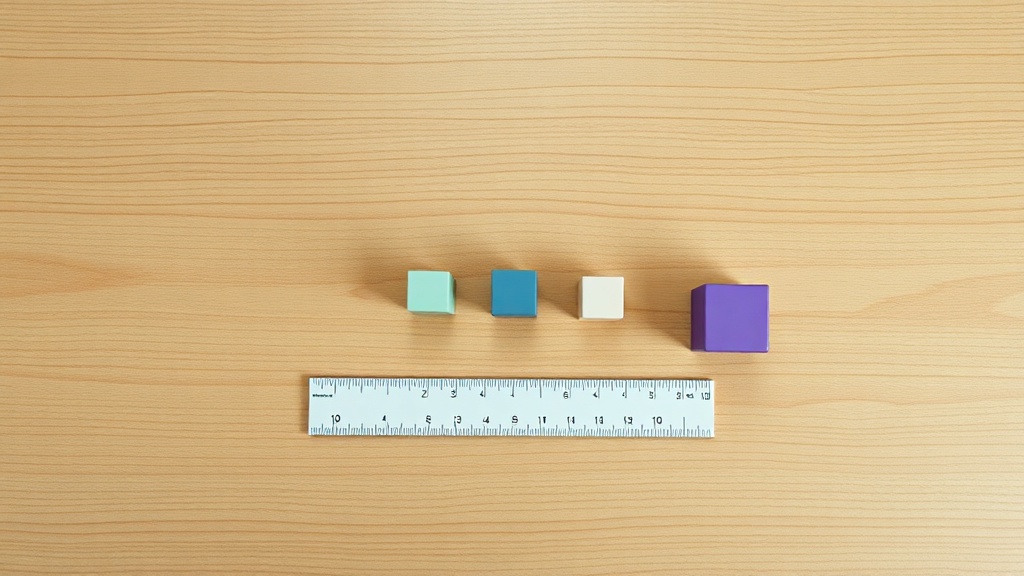 ChatGPT・Gemini・Claude比較を表現した木製デスク上の3つの異なるサイズのキューブと測定定規