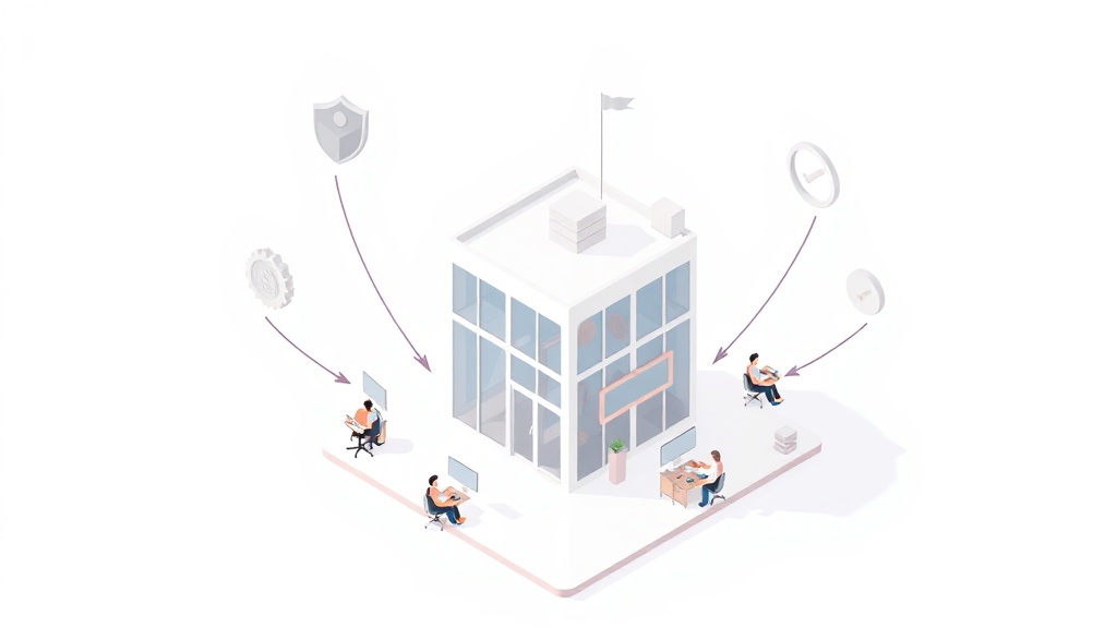 中小企業オフィスビルとセキュリティ・コスト・技術などの判断基準を表すアイコンが浮かぶイラスト